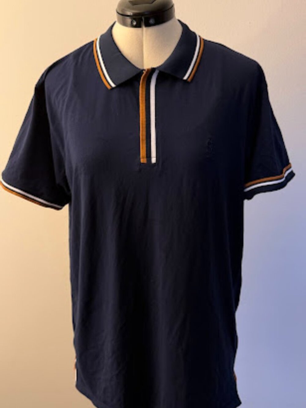 Scott James men's polo shirt, size L, navy, white, gold, luxurious cotton, short